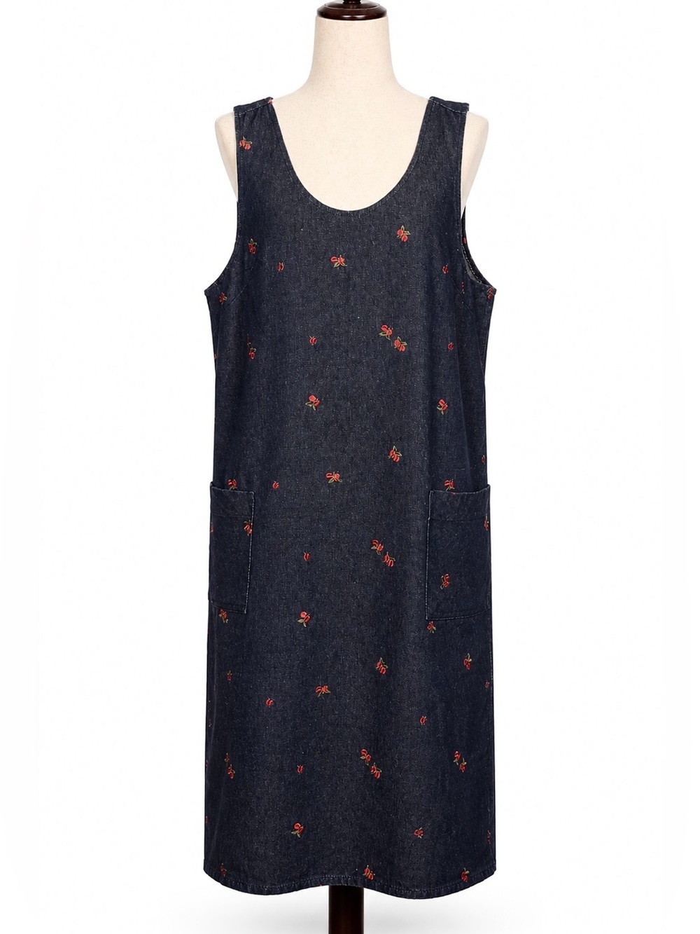 Denim cherry embroidered sheath dress with two square front pockets- L